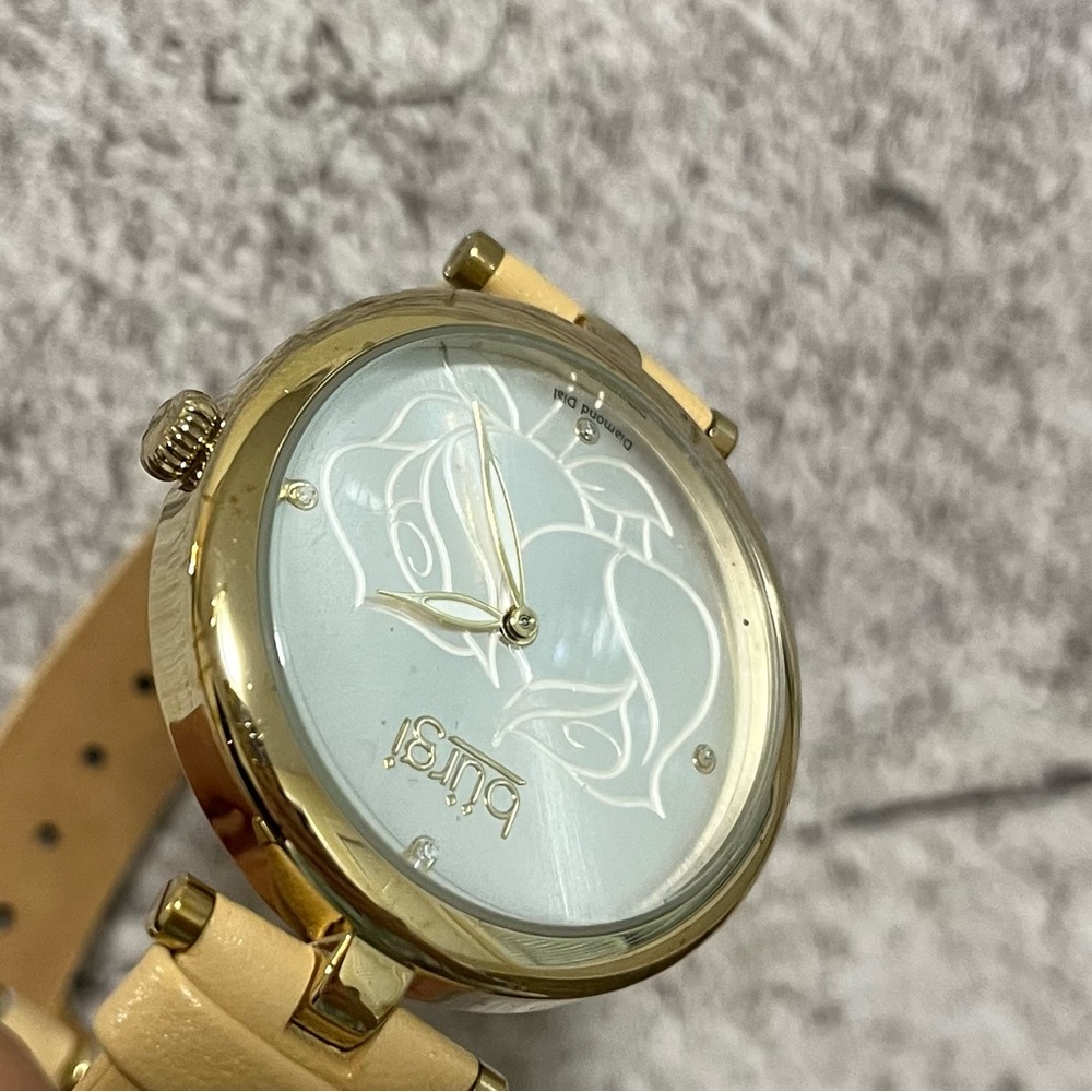 Women's Burgi Flower Engraved Diamond Dial Genuine Leather Strap Watch with box - Picture 11 of 16